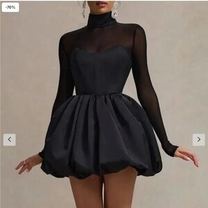 *Sunfere Black Mesh Puff Skirt Dress High Neck Long Sleeve Mini Size Small NWT